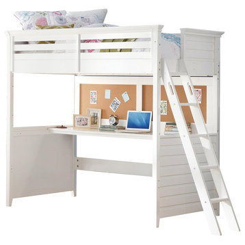 Twin Loft Bed, Safety Guard Rails With Integrated Desk and Ladder, White