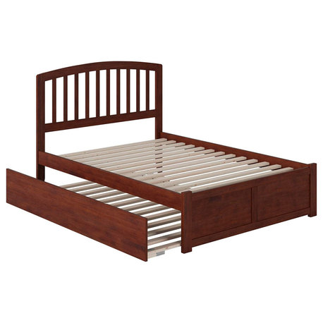 Classic Full Platform Bed, Arched Slatted Headboard With Pullout Trundle, Walnut