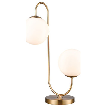 Elk Lighting Moondance Curved 2-Light Table Lamp, Aged Brass/White Glass