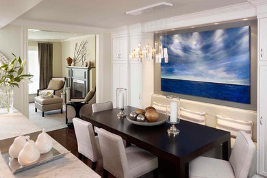 Example of a mid-sized trendy dark wood floor great room design in Toronto with white walls