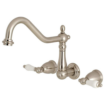 Traditional Bathtub Faucet, High Arched Spout & White Levers, Brushed Nickel