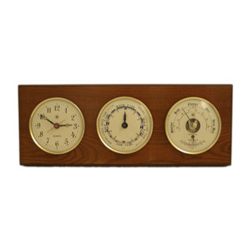 Brass Quartz Clock, Tide Clock and Barometer/Thermometer on Oak