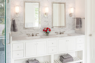 Large transitional master gray tile and white tile marble floor bathroom photo in New York with shaker cabinets, white cabinets, white walls, an undermount sink and marble countertops