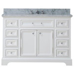 Water Creation - Derby White Bathroom Vanity, Pure White, 48" Wide, No Mirror, One Faucet - Add a touch of sophistication to your bathroom with the Derby Single Vanity which includes a beautiful faucet. Featuring an undermount oval-shaped ceramic sink, solid brass hardware and tempered glass knobs and pulls, no detail was overlooked in the making of this piece. With a Carrara white marble countertop and multiple drawers and cupboards, this vanity offers ample storage while being stylish. This charming white-colored bathroom vanity combines innovative craftsmanship with a timeless design and is unmistakably sophisticated. Water Creation creates luxurious pieces that are classically inspired and detail-oriented.