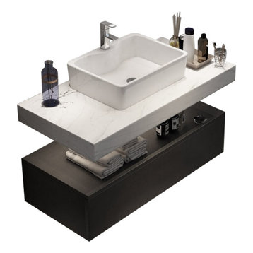 Modern Floating Wall Mounted Bathroom Vanity Sink Set Faux Mable Top&Vessel Sink