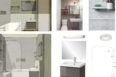 Design ideas for a small modern ensuite bathroom in Other with a built-in bath, a built-in shower, a wall mounted toilet, grey tiles, metro tiles, grey walls, vinyl flooring and a built-in sink.