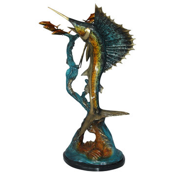 Sailfish-Large Jumping, With Small Fish Bronze Statue -  24"L X 16"W X 42"H.