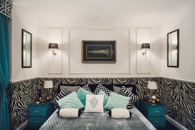 Mid-sized transitional carpeted bedroom photo in Other with white walls