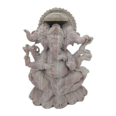 Mogul Interior - Consigned Trimukha Ganesha Sitting On Lotus Base Stone Statue - Decorative Objects And Figurines