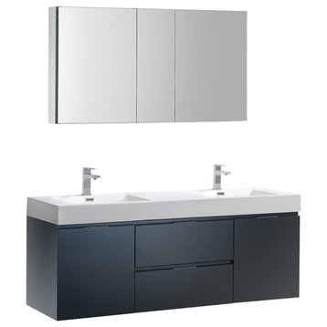 60" Dark Slate Gray Wall Hung Double Sink Bathroom Vanity, Medicine Cabinet