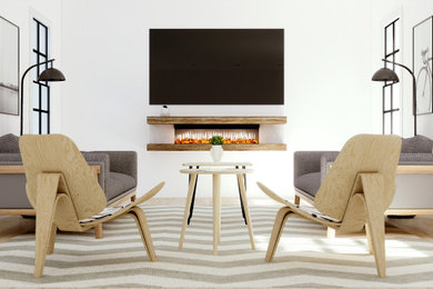 Mid-sized danish enclosed light wood floor and beige floor living room library photo in New York with white walls, a hanging fireplace and a wall-mounted tv