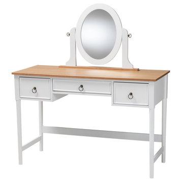 Transitional Vanity Table, Adjustable Round Mirror & 3 Storage Drawers, Two Tone