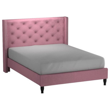 Unique Platform Bed, Pink Button Tufted Wing Headboard With Nailhead, King