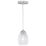 Vaxcel - Isley 5" Mini Pendant Satin Nickel - Casual and modern meet in the Isley collection. Touches of satin nickel accent the clear spun thread glass shades. When lit, the Isley beautifully casts a radial glow on the surface behind creating a dramatic effect. The Isley is sure to add a classic warmth to any interior space of the home. Install individually or in a group; ideal for kitchens, dining areas, or bar areas. Combine that with a vintage Edison style filament bulb to complete the look.
