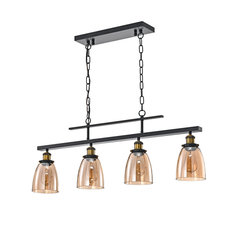 4-Light Antique Black Downlight Linear Kitchen Chandelier With Amber Glass