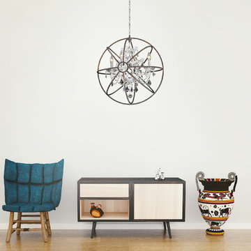 Foucault's Orb Chandelier 4 Light Chrome Finish Clear Crystal Flemish Brass Cage