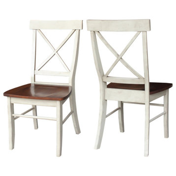 Set of 2 Dining Chair, Rubberwood Seat With X-Shaped Backrest, Espresso/White