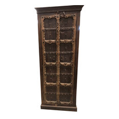 Mogulinterior - Consigned Antique Indian Armoire Hand Carved Brown Storage Wardrobe Cabinet - Armoires and Wardrobes