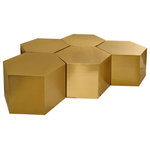 Meridian Furniture - Hexagon Coffee Table, Brushed Gold, 5 Piece - Customize your modern space with the easy style of this Hexagon modular table five-piece set in brushed gold. Use one table on its own for a handy and stylish spot to hold your drinks or display a framed photo, or add multiple tables together to create even more space for entertaining or playing cards or board games. This metal table is completely customizable to your needs and features a bold hexagon shape for a modish feel.
