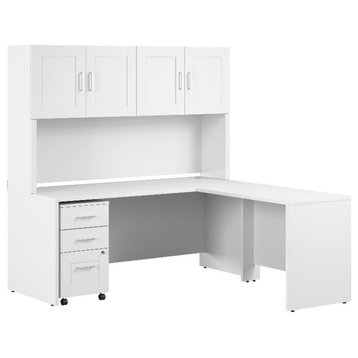 Bowery Hill 72W L Desk with Hutch and Drawers in White - Engineered Wood