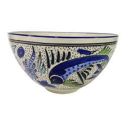 Le Souk Ceramique - Deep Stoneware Salad Bowl Aqua Fish Design - Serving And Salad Bowls