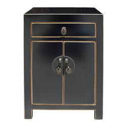 Oriental Distressed Semi Gloss Black Lacquer Side End Table Nightstand - Nightstands And Bedside Tables