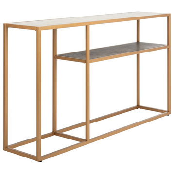 Contemporary Console Table, Gold Metal Frame With 2 Spacious Tiers, Beige/Walnut