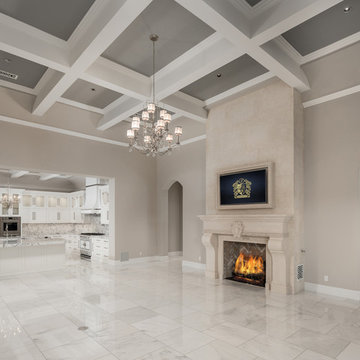 Formal Living Room with Coffered Ceiling & Fireplace