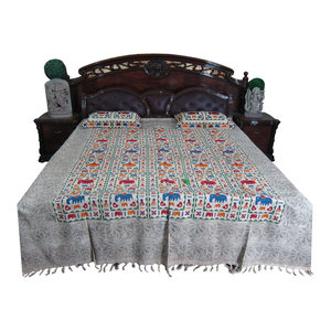 Mogul Interior - Mogul Bed Cover Indian Inspired KOHINOOR Print 100% Cotton Bedspread Queen Size - Blankets