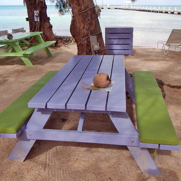 Sunbrella RAIN bench cushions add playful vibe to beach picnic tables
