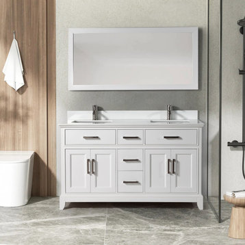 Vanity Art Bathroom Vanity Set With Engineered Marble Top, 60", White, Led Touch-Switch Mirror