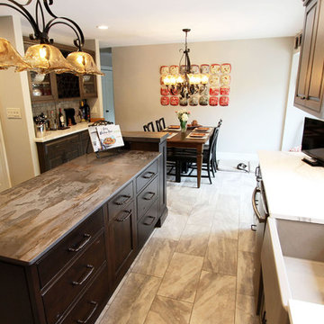 Rustic Alder Cabinets with Apron Front Farm Sink and Dekton Trillum Island