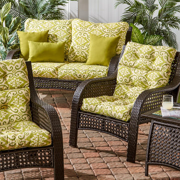 Wicker Woven Lounge Set with Green Pattern Cushions and Accent Pillows