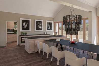 Example of a danish galley medium tone wood floor and brown floor eat-in kitchen design in Other with a drop-in sink, raised-panel cabinets, light wood cabinets, quartz countertops, green backsplash, ceramic backsplash, stainless steel appliances, two islands and black countertops