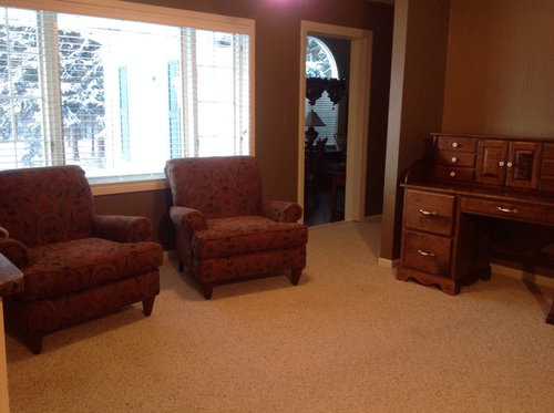 Furniture arrangement for narrow living room.