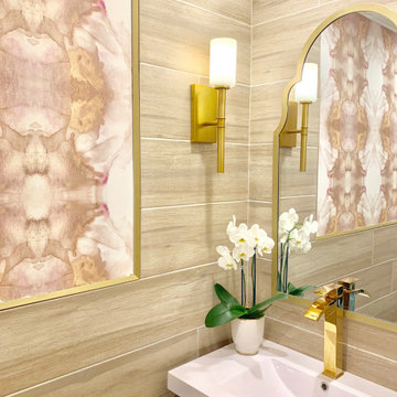 Blush and Bronze Abstract  Wallpaper in Powder Room