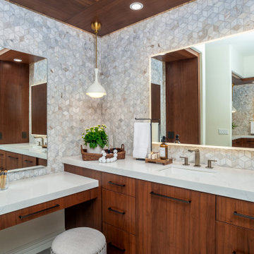 Custom Walnut Double Vanity with Makeup Station | San Diego Bathroom