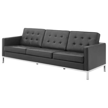 Modern Lounge Lobby Sofa, Faux Vinyl Leather Metal Steel, Black Silver