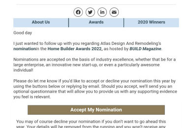 Nomination for Home Builder Awards 2022 received.