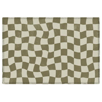 Avenie Warped Checkerboard Olive Outdoor Rug, 5'x7'