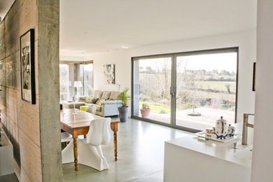 Large contemporary dining room in Toulouse with white walls, concrete floors, no fireplace and grey floor.