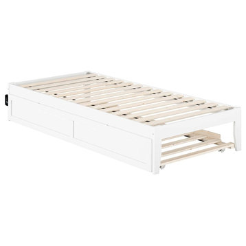 Platform Bed, Twin Extra Long Size With USB Turbo Charger and Trundle, White