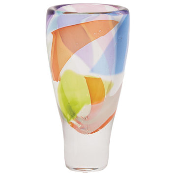 MidCentury Modern Colorful Art Glass Vase Bright Geometric Orange Blue Tall