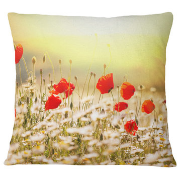 Wild Meadow With Poppy Flowers Floral Throw Pillow, 18"x18"