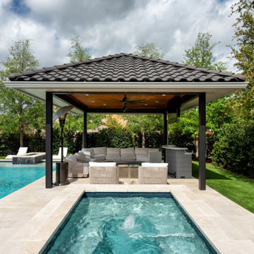 Custom Poolside Freestanding Arbor with Retractable Screens & Outdoor Kitchen
