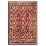 Bareens Designer Rugs - Antique Vegetable Dyed Claire Red/Blue Wool Rug - 7'11'' x 10'2'' - Designed with mesmerizing intricacy and gorgeous color palette, this hand-knotted masterpiece demonstrates the beauty and electrifying thrill of Pak Persian art. These meticulously hand-knotted Pak-Persian rug is made with pure wool and features breathtaking traditional, transitional, and tribal designs in bold luxurious color pallets. Known for their intricate designs these rugs are a reproduction of Persian rugs, made in Pakistan with unique Mughal designs. Made by master weavers using the same Persian texture, design and dying technique, we wanted to produce the most significant manifestation of Persian art, life, and culture. This rug is most famous for its exceptional quality, incredible designs, patterns, and vibrant rich color. Pak-Persian rugs made with Persian weave with high knot counts, which enables the high intricacy and detail found in the patterns are also referred to as "State of art", each color adds a rich beautiful detail in the artwork of this rug. The design, color, and beautiful chromatic composition with a vibrant sheen with intricate designs, exude beauty, elegance, and quality make this rug a masterpiece of its own.