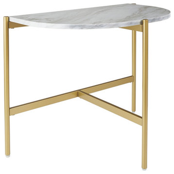 Benzara BM226513 Crescent Moon Marble Top Metal End Table, White & Gold