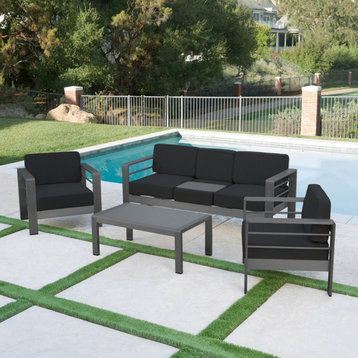 GDF Studio 4-Piece Crested Bay Outdoor Gray Aluminum Sofa Chat Set With Cushions