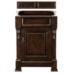 James Martin Vanities - Brookfield 26" Burnished Mahogany Single Vanity, No Top - The Brookfield 26", single sink, Burnished Mahogany vanity by James Martin Vanities features hand carved accenting filigrees and raised panel doors. Single door cabinet with a shelf for additional storage space. The look is completed with an Antique Brass finish door pull. Matching decorative wood backsplash is included.