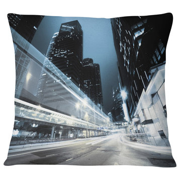 Night Traffic in Hong Kong Cityscape Throw Pillow, 18"x18"